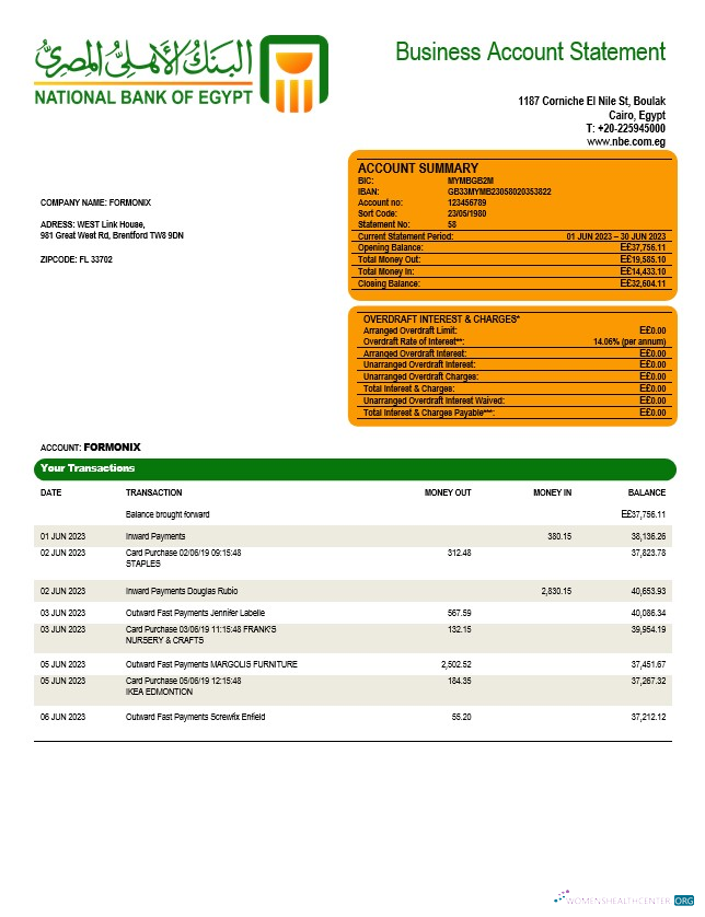 Download National Bank of Egypt company account statement Word and PDF template Photoshop template